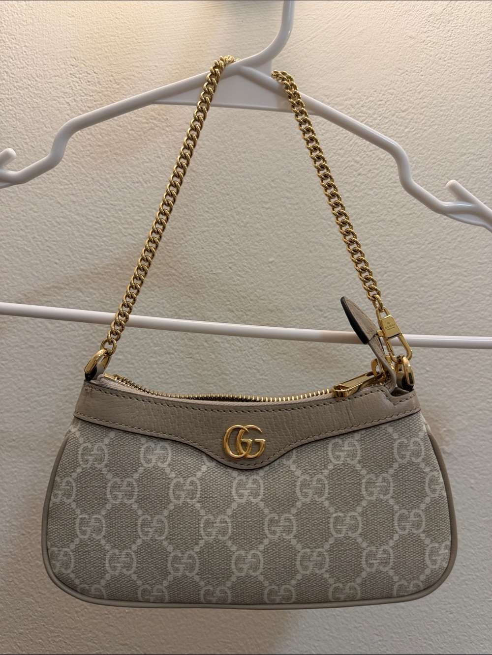 Gucci Beige GG Canvas Chain Shoulder Bag with Gold Hardware